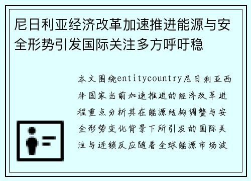 尼日利亚经济改革加速推进能源与安全形势引发国际关注多方呼吁稳 尼日利亚经济改革加速推进能源与安全形势引发国际关注多方呼吁稳