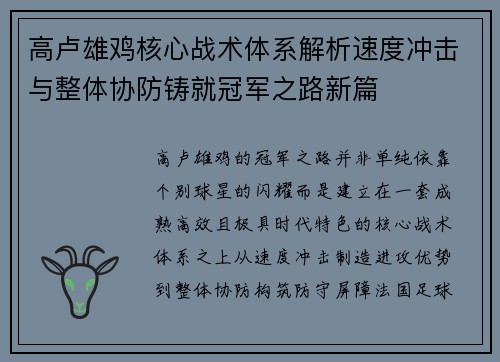 高卢雄鸡核心战术体系解析速度冲击与整体协防铸就冠军之路新篇